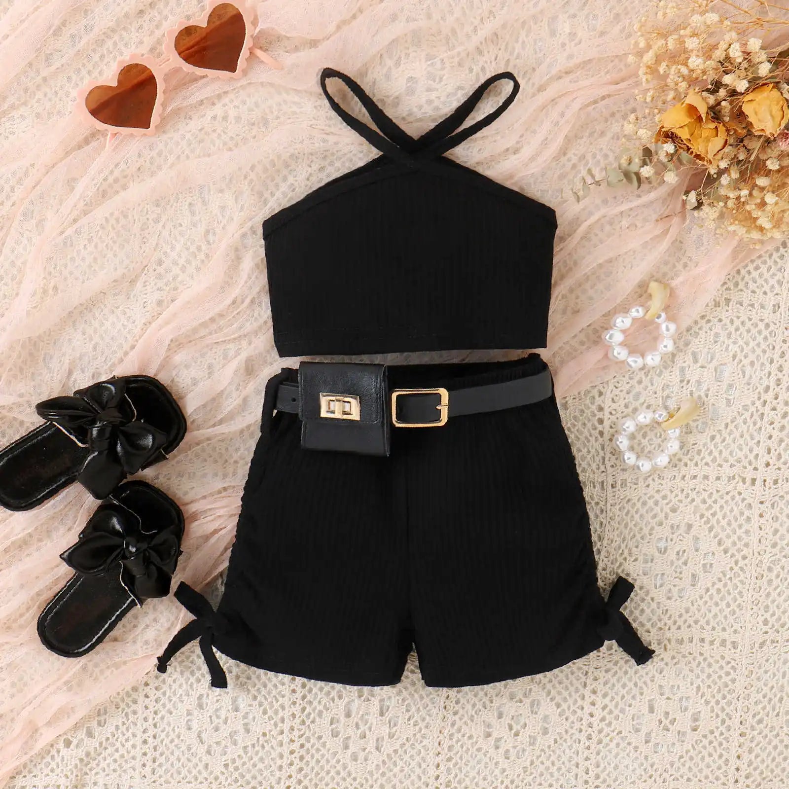 موضة 2025 european american بنات' cotton shorts waist pack three-piece بدلة children's clothing sets