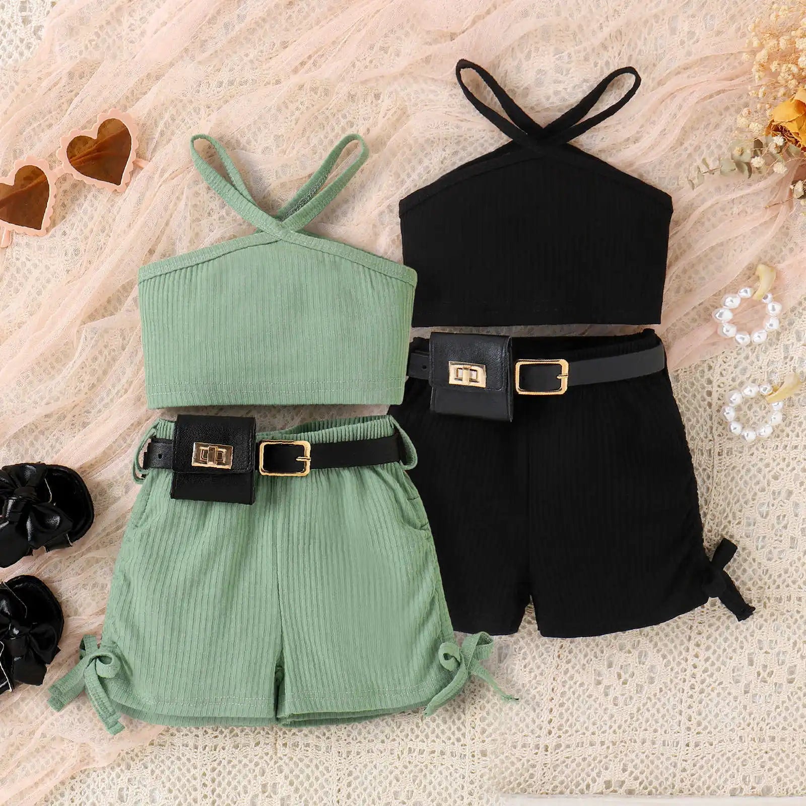 موضة 2025 european american بنات' cotton shorts waist pack three-piece بدلة children's clothing sets
