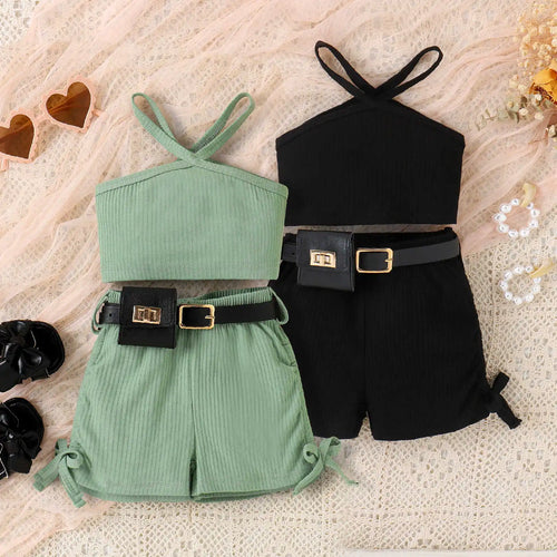 موضة 2025 european american بنات' cotton shorts waist pack three-piece بدلة children's clothing sets