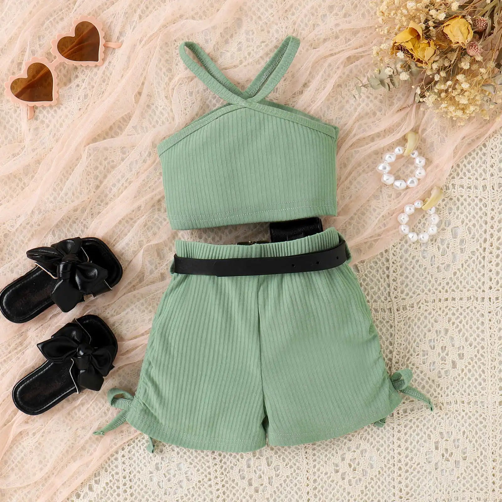 موضة 2025 european american بنات' cotton shorts waist pack three-piece بدلة children's clothing sets