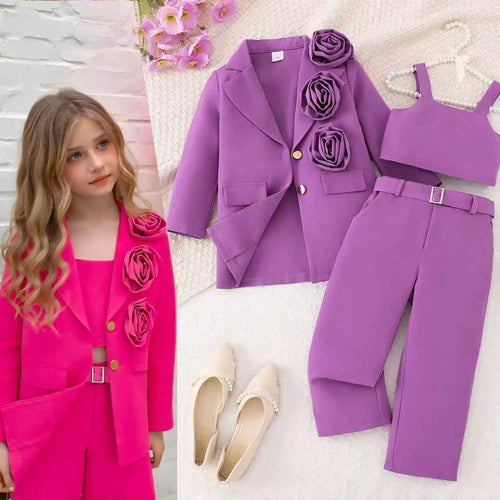 موضة 2025 بنات خريف and شتاء cross-border three-dimensional flower بدلة jacket camisole pants طقم كاجوال ستايل sizes 2t 7t