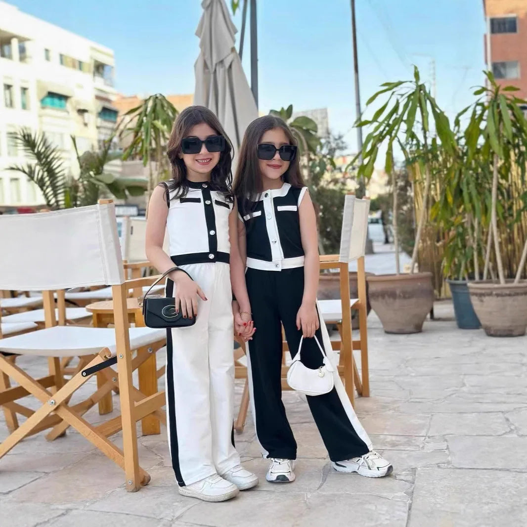 موضة 2025 بنات' جديد صيف طقم، صيف خفيف، فخم بدون أكمام clothes، بنات' pants طقم قطعتين