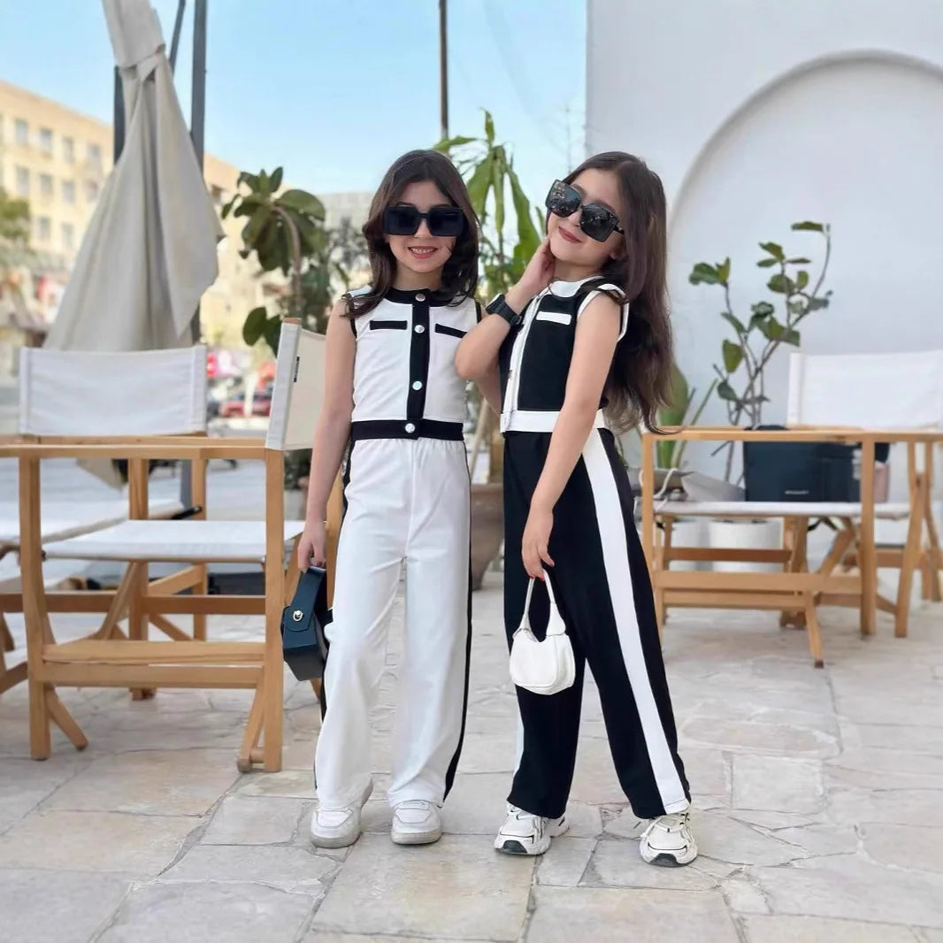 موضة 2025 بنات' جديد صيف طقم، صيف خفيف، فخم بدون أكمام clothes، بنات' pants طقم قطعتين