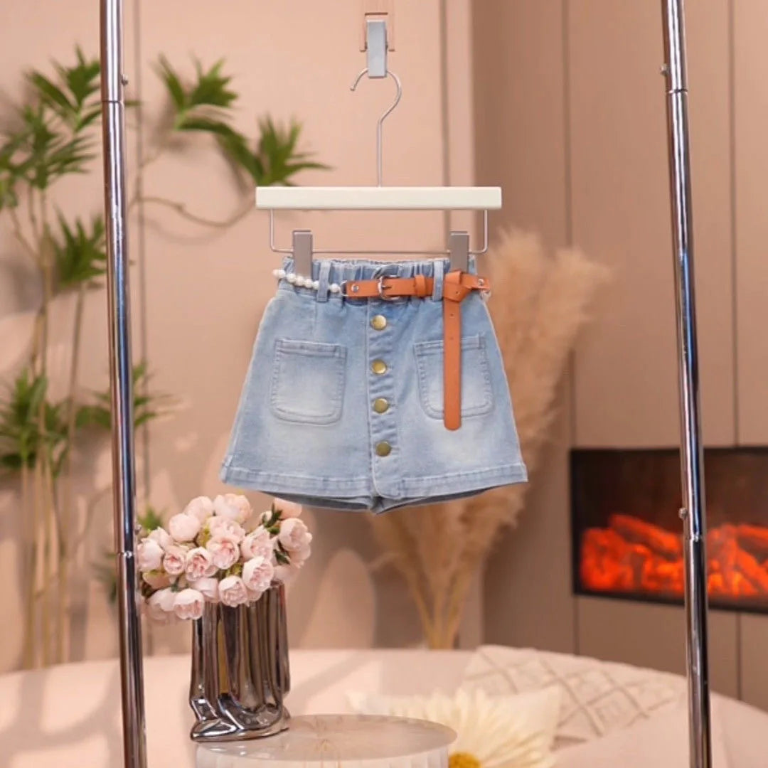 موضة 2025 بنات صيف كاجوال طقم قطعتين جديد foreign ستايل print فيست دينم جيب pants with drawstring for little children
