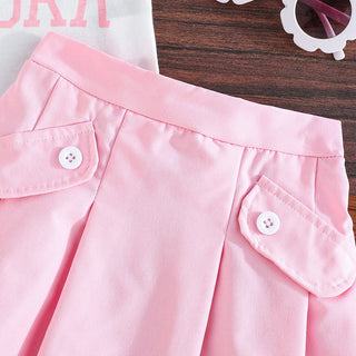 موضة 2025 بنات صيف cute pink بدون أكمام توب بليسيه جيب كاجوال cotton print بنت sets