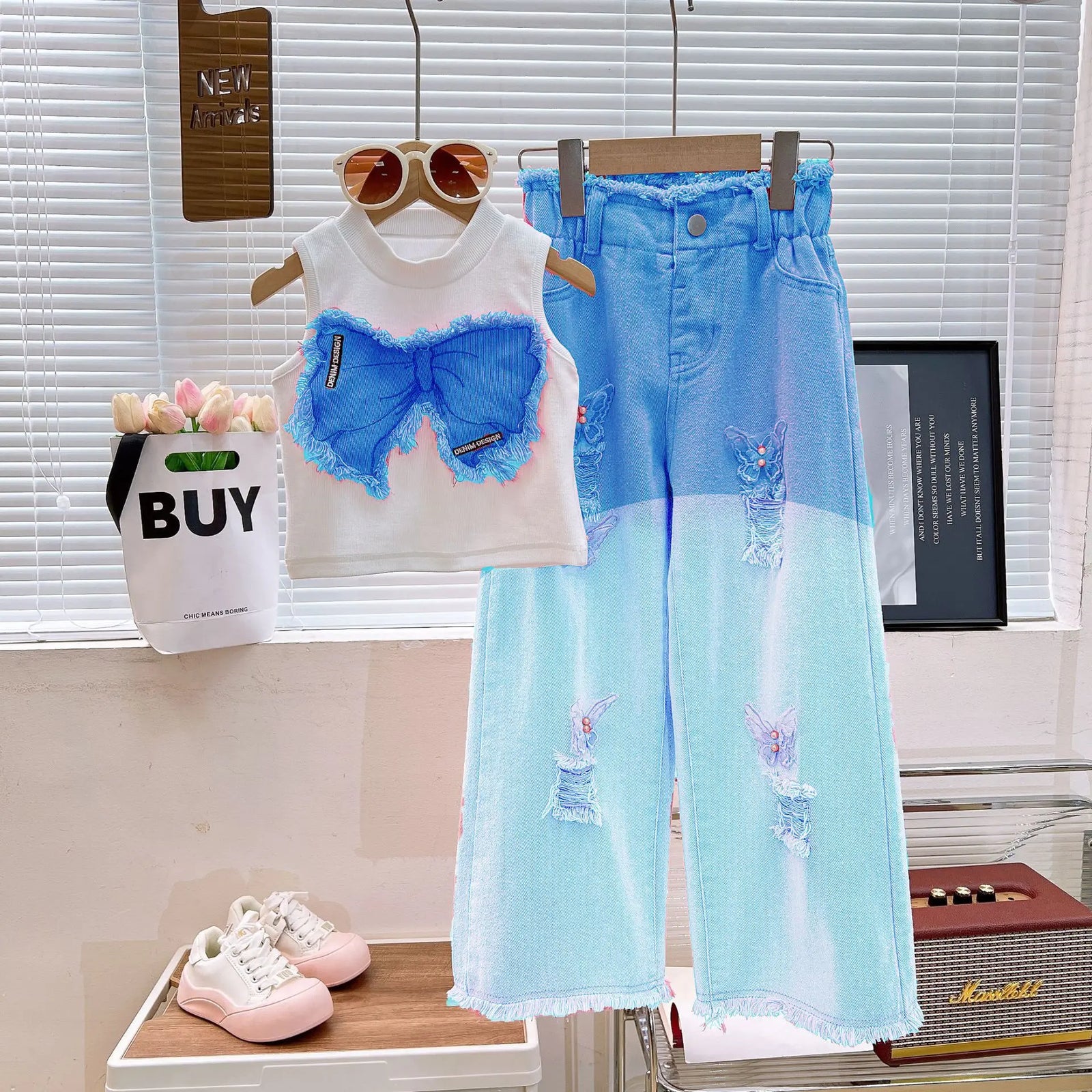 موضة 2025 بنات' صيف multi colors كاجوال طقم قطعتين بدون أكمام pierced jeans with explosion print outfits