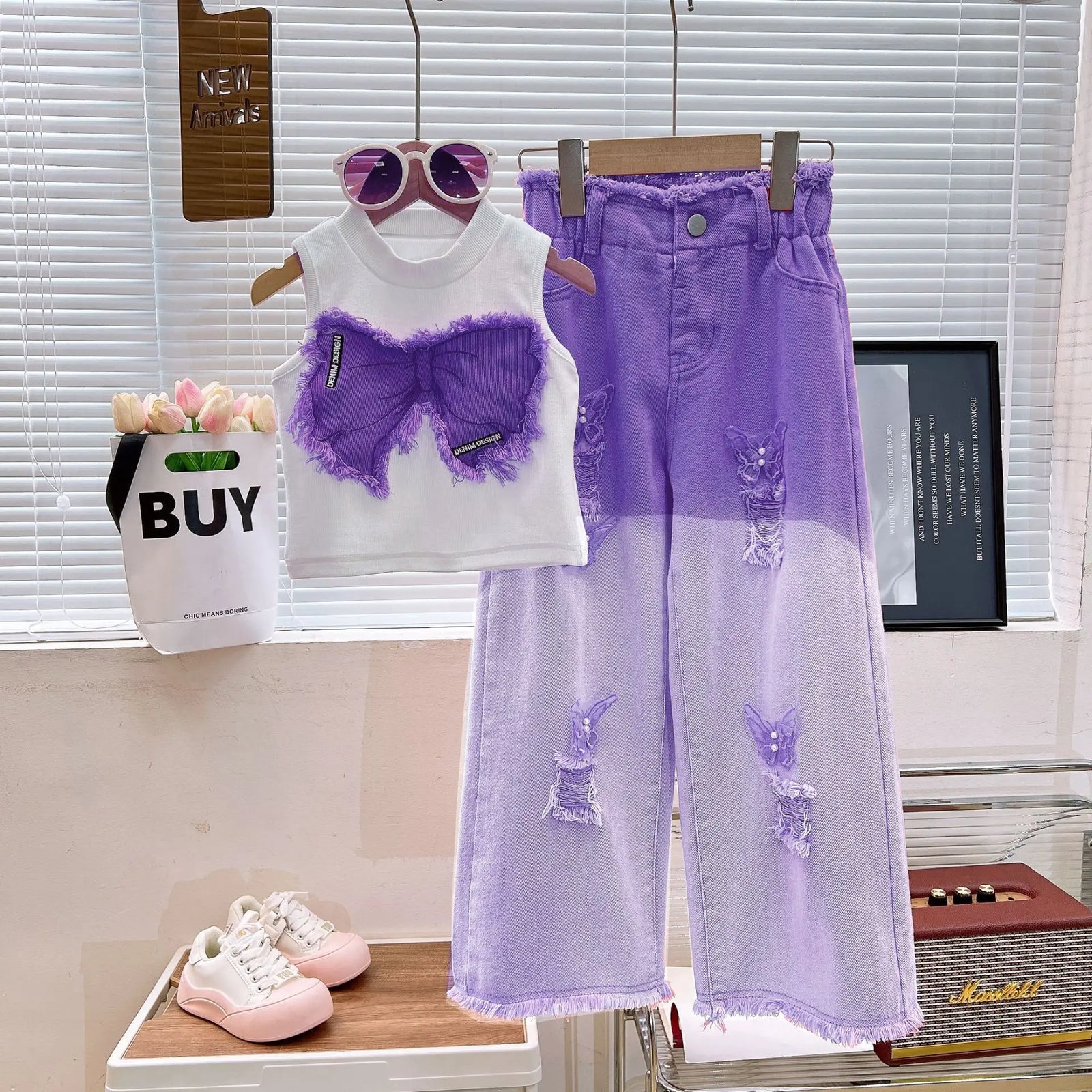 موضة 2025 بنات' صيف multi colors كاجوال طقم قطعتين بدون أكمام pierced jeans with explosion print outfits