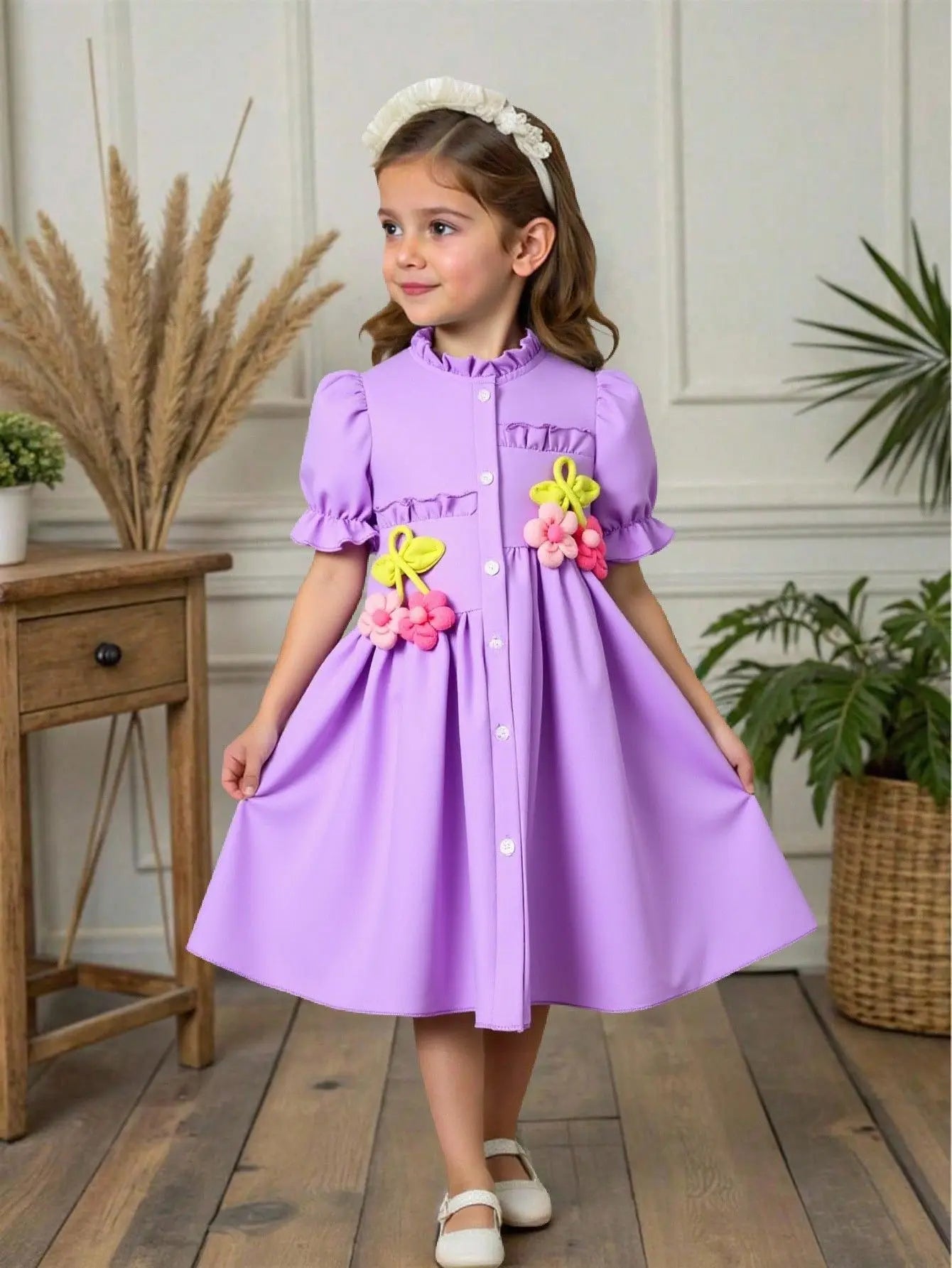 موضة 2025 أطفال clothes wholesale high quality solid color أكمام قصيرة sunflower shirt فستان