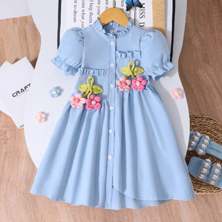 موضة 2025 أطفال clothes wholesale high quality solid color أكمام قصيرة sunflower shirt فستان