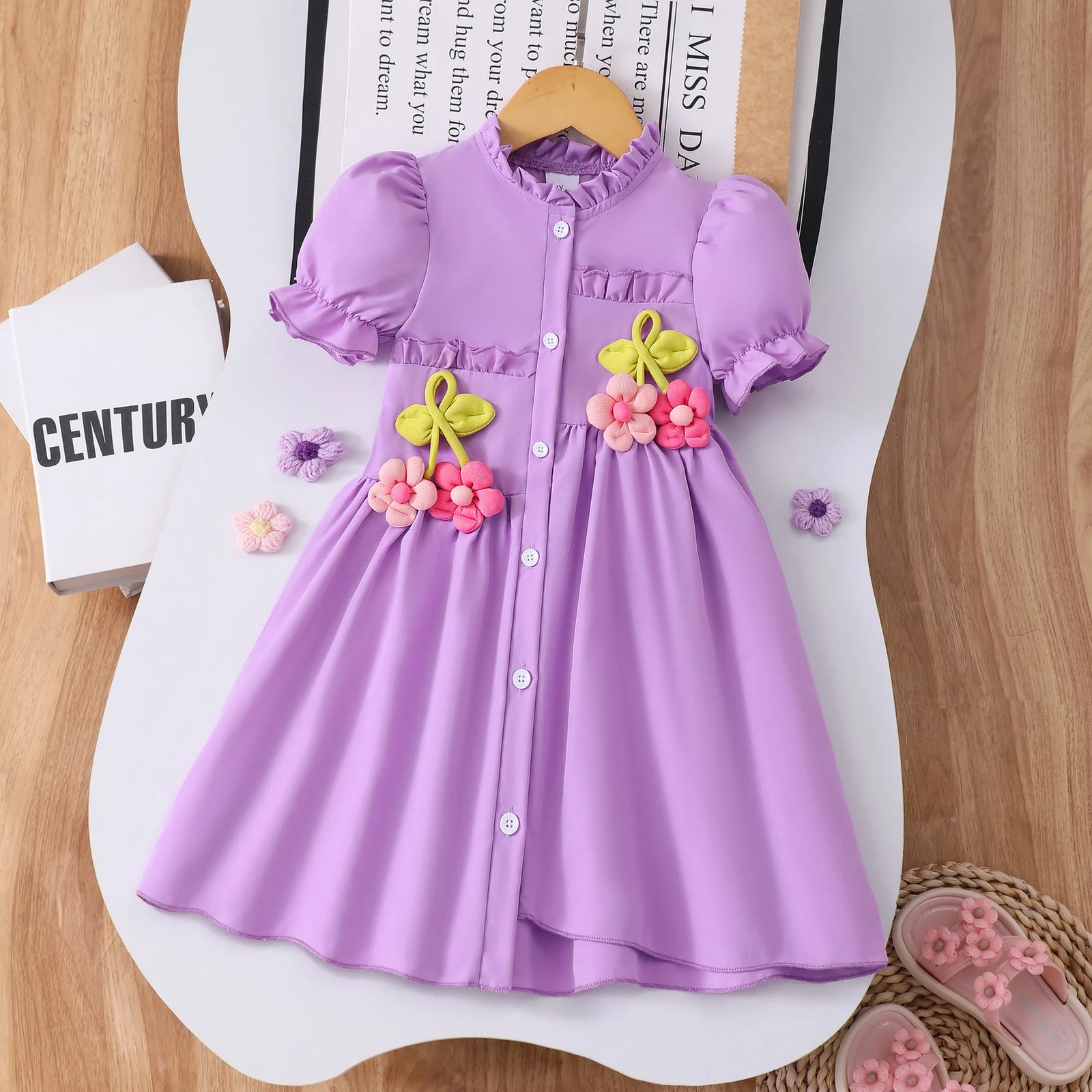 موضة 2025 أطفال clothes wholesale high quality solid color أكمام قصيرة sunflower shirt فستان
