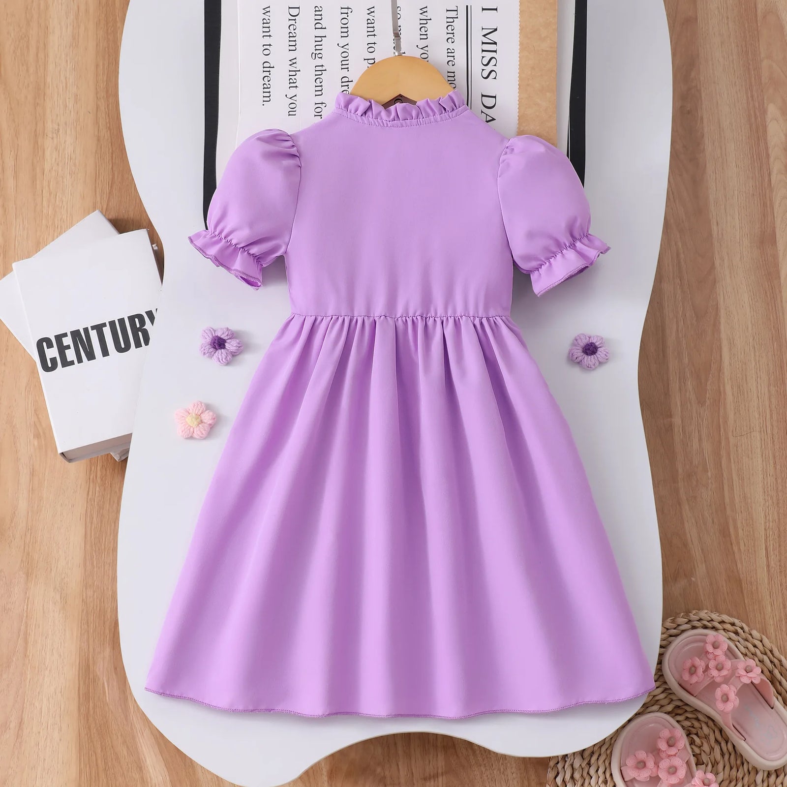 موضة 2025 أطفال clothes wholesale high quality solid color أكمام قصيرة sunflower shirt فستان