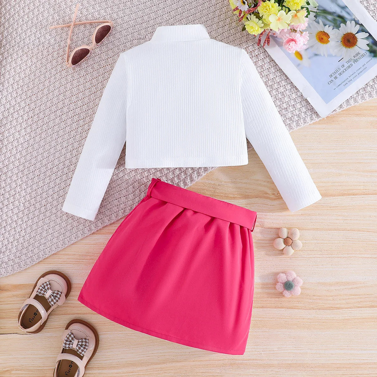 موضة 2025 جديد خريف/شتاء small high collar sticker small flower أكمام طويلة توب bow splicing half جيب طقم