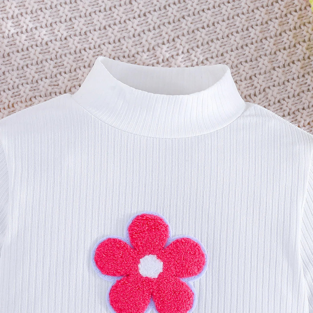 موضة 2025 جديد خريف/شتاء small high collar sticker small flower أكمام طويلة توب bow splicing half جيب طقم