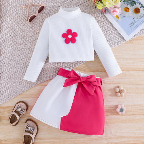 موضة 2025 جديد خريف/شتاء small high collar sticker small flower أكمام طويلة توب bow splicing half جيب طقم