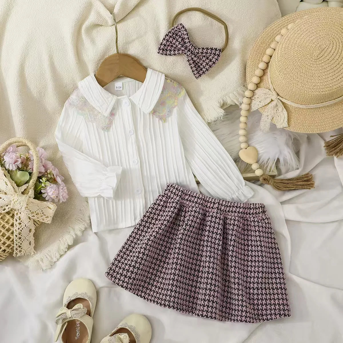 موضة 2025 جديد خريف and شتاء ستايل baby بنت أكمام طويلةd shirt half body جيب and headband طقم