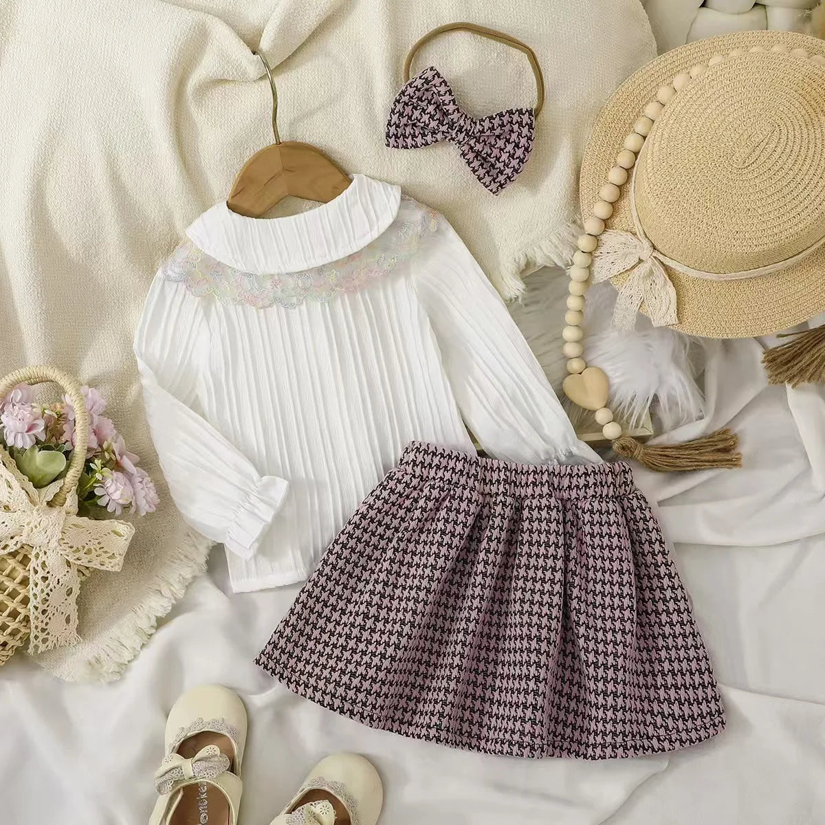 موضة 2025 جديد خريف and شتاء ستايل baby بنت أكمام طويلةd shirt half body جيب and headband طقم