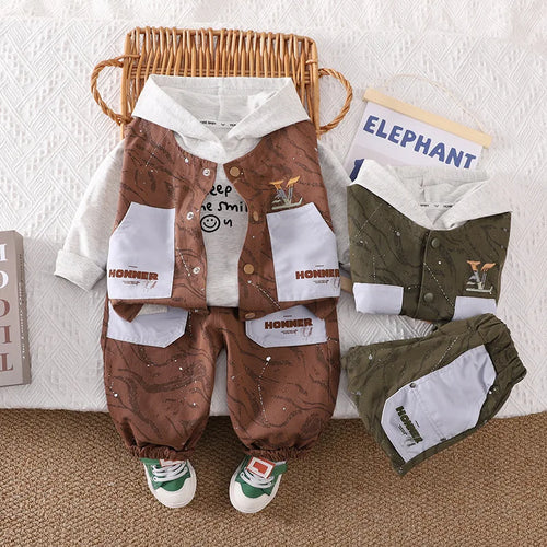 موضة 2025 جديد أولاد' korean water pattern waistcoat أكمام طويلة three-piece cotton كاجوال خريف بدلة with cool wind