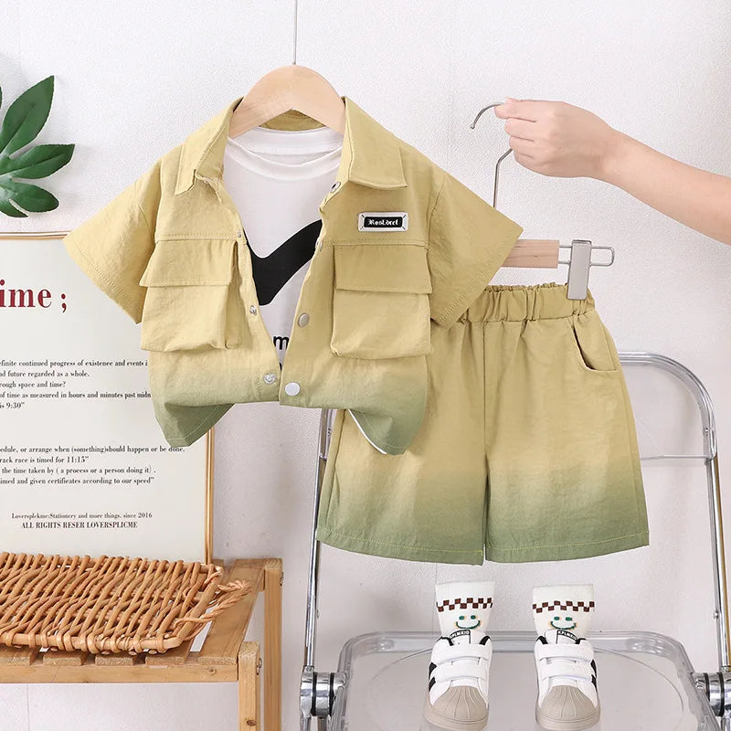 موضة 2025 جديد أولاد' صيف بدلة children's خفيف hanging dye workwear أكمام قصيرةd three piece طقم