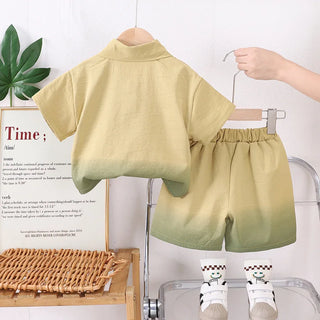 موضة 2025 جديد أولاد' صيف بدلة children's خفيف hanging dye workwear أكمام قصيرةd three piece طقم