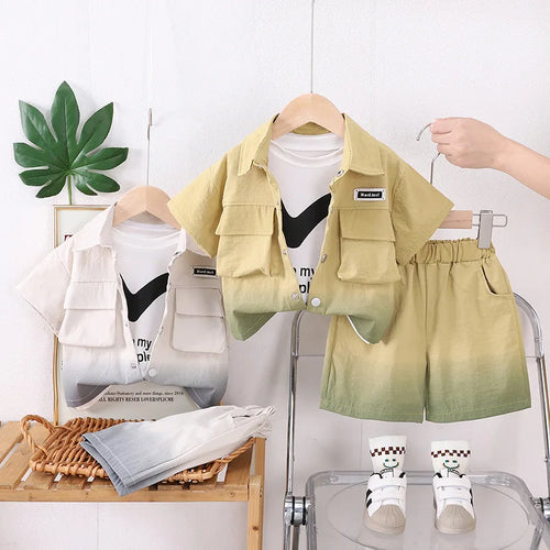 موضة 2025 جديد أولاد' صيف بدلة children's خفيف hanging dye workwear أكمام قصيرةd three piece طقم