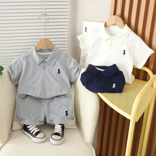 موضة 2025 جديد أولاد صيف بدلة foreign ستايل cotton printed child sets with solid lapel أكمام قصيرة خفيف clothing for أطفال