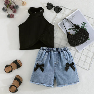 موضة 2025 جديد كاجوال sweet children's صيف clothing بدون أكمام توب with دينم pants طقم