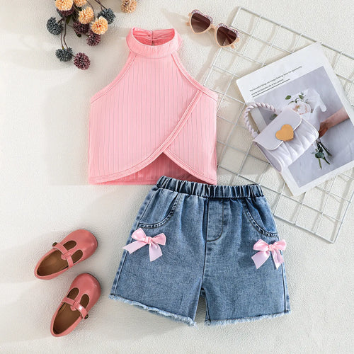 موضة 2025 جديد كاجوال sweet children's صيف clothing بدون أكمام توب with دينم pants طقم