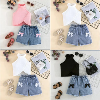 موضة 2025 جديد كاجوال sweet children's صيف clothing بدون أكمام توب with دينم pants طقم