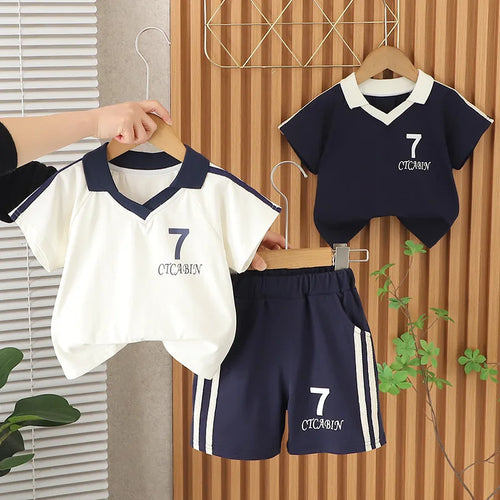 موضة 2025 جديد cool digital lapel أكمام قصيرة بدلة for أطفال handsome baby أولاد' صيف clothes season