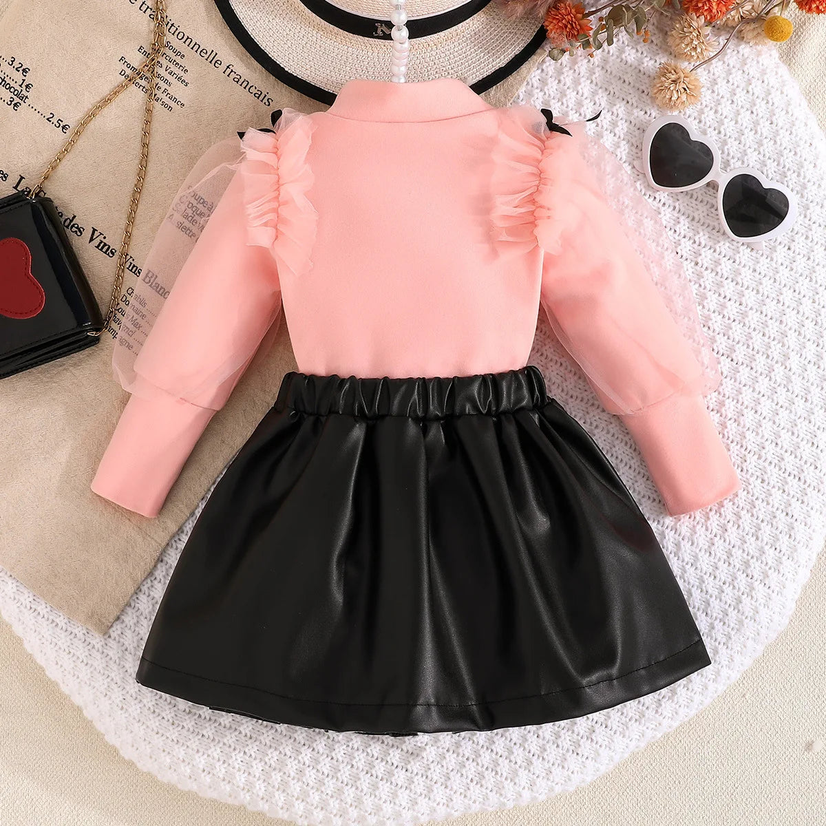 موضة 2025 جديد بنت ربيع وخريف طقم solid color knitted أكمام طويلة توب+solid color fashion قصير جيب 2-piece طقم