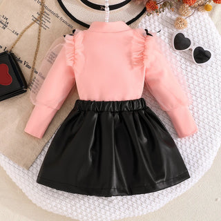 موضة 2025 جديد بنت ربيع وخريف طقم solid color knitted أكمام طويلة توب+solid color fashion قصير جيب 2-piece طقم