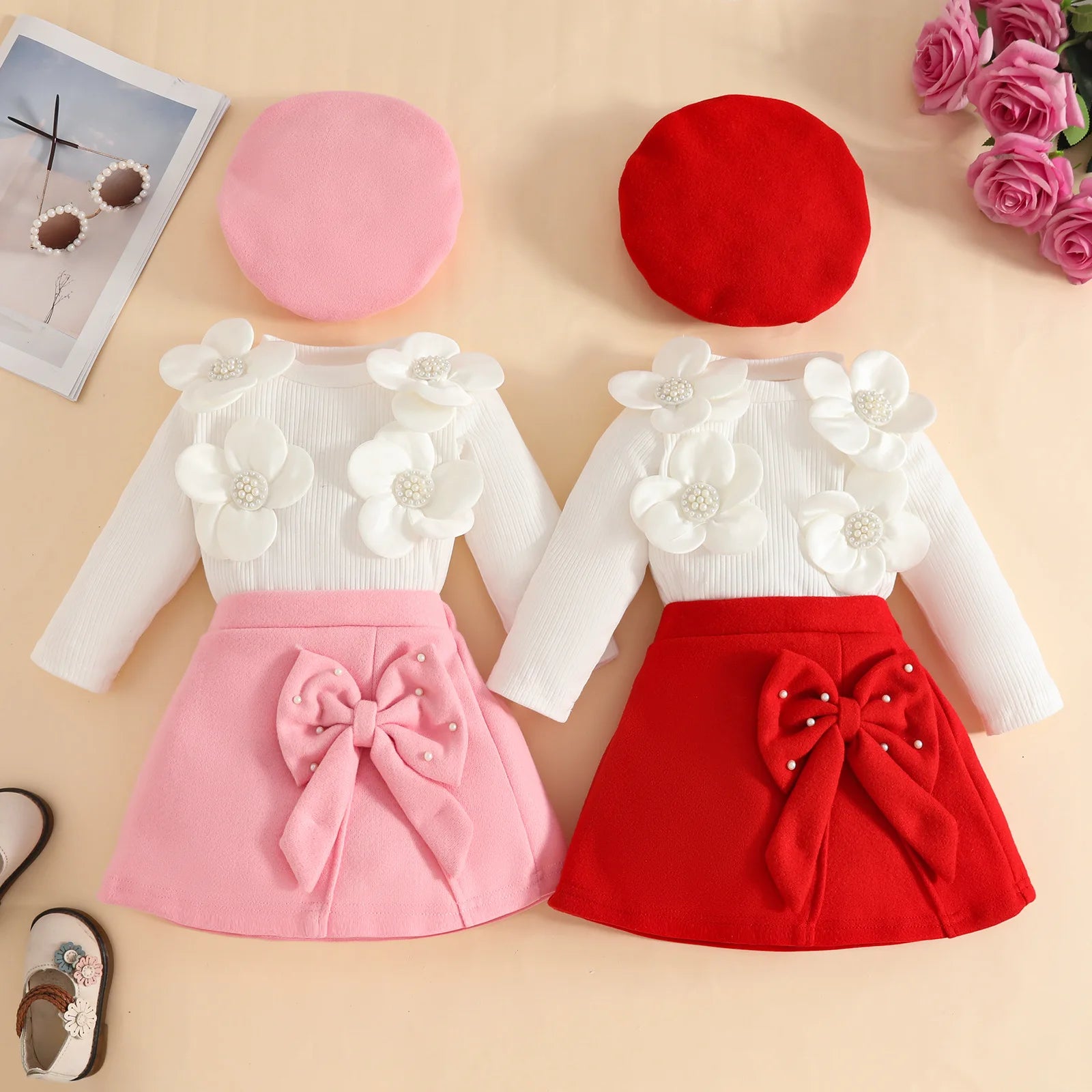 موضة 2025 جديد بنات خريف شتاء clothing طقم embroidered أكمام طويلةd توب half جيب beret nail beads butterfly ربطة made thick
