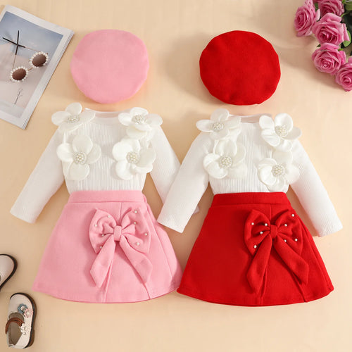 موضة 2025 جديد بنات خريف شتاء clothing طقم embroidered أكمام طويلةd توب half جيب beret nail beads butterfly ربطة made thick