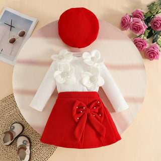 موضة 2025 جديد بنات خريف شتاء clothing طقم embroidered أكمام طويلةd توب half جيب beret nail beads butterfly ربطة made thick
