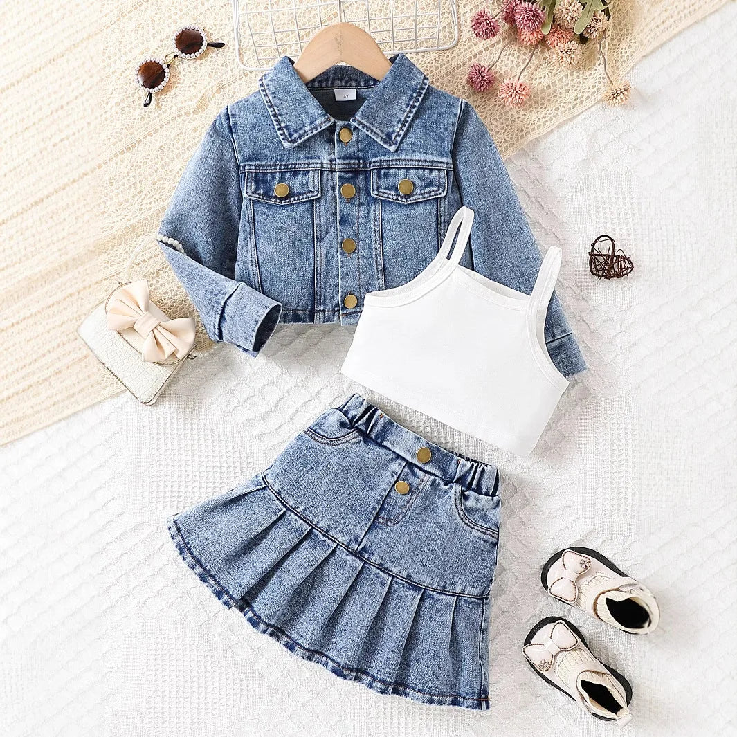موضة 2025 جديد بنات' خريف and شتاء جديد دينم jacket sweet and fashionable three piece طقم