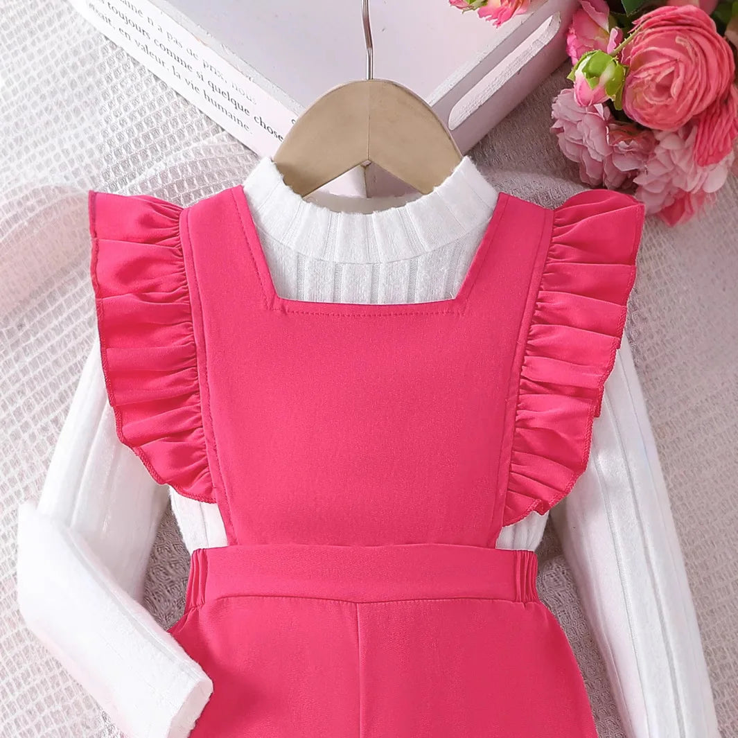 موضة 2025 جديد بنات' خريف and شتاء طقم white أكمام طويلةd pullover توب، قطعة واحدة shoulder strap pants طقم قطعتين