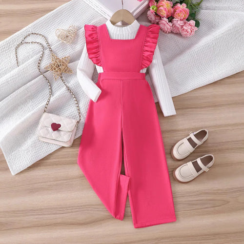 موضة 2025 جديد بنات' خريف and شتاء طقم white أكمام طويلةd pullover توب، قطعة واحدة shoulder strap pants طقم قطعتين
