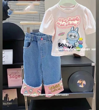 موضة 2025 جديد بنات كاجوال solid pattern bow jeans children's foreign ستايل wide leg pants big أطفال straight pants