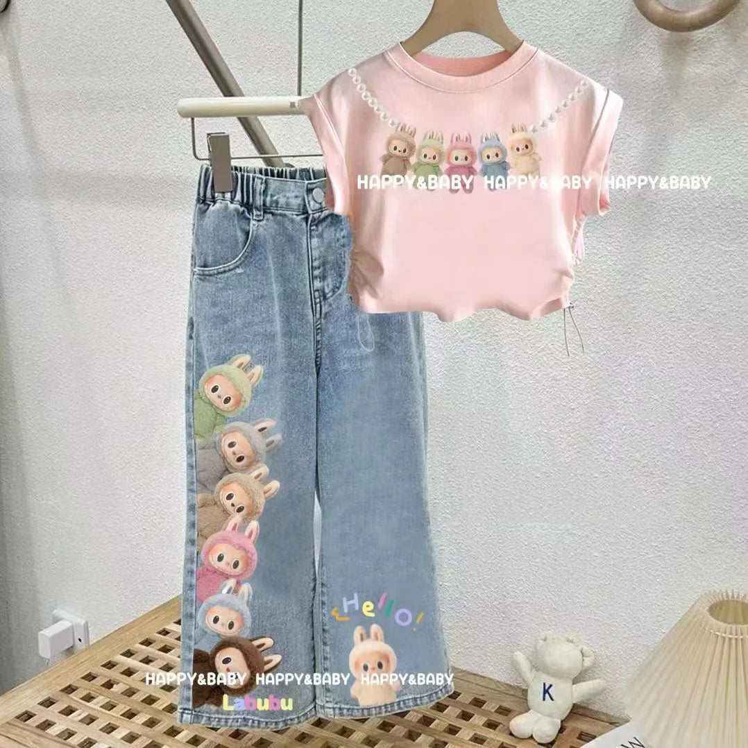 موضة 2025 جديد بنات كاجوال solid pattern bow jeans children's foreign ستايل wide leg pants big أطفال straight pants