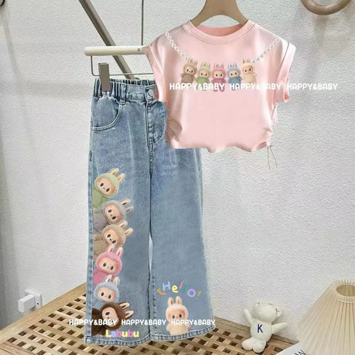 موضة 2025 جديد بنات كاجوال solid pattern bow jeans children's foreign ستايل wide leg pants big أطفال straight pants
