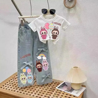 موضة 2025 جديد بنات كاجوال solid pattern bow jeans children's foreign ستايل wide leg pants big أطفال straight pants