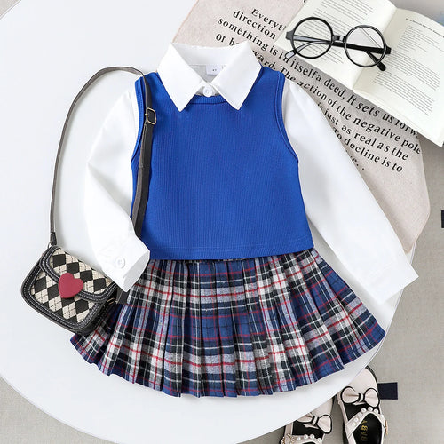 موضة 2025 جديد korean بنت كاجوال ستايل cross-border foreign trade solid color knitted فيست lapel jacket plaid بليسيه جيب طقم three