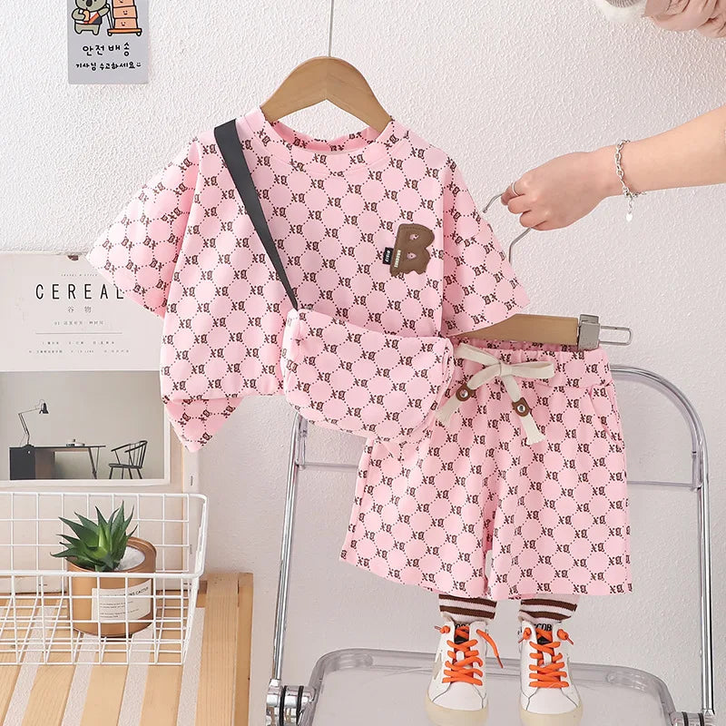 موضة 2025 جديد korean ستايل أولاد صيف بدلة أكمام قصيرة two-piece baby clothes with leopard logo design for أطفال