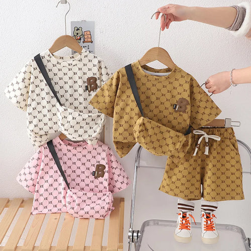 موضة 2025 جديد korean ستايل أولاد صيف بدلة أكمام قصيرة two-piece baby clothes with leopard logo design for أطفال