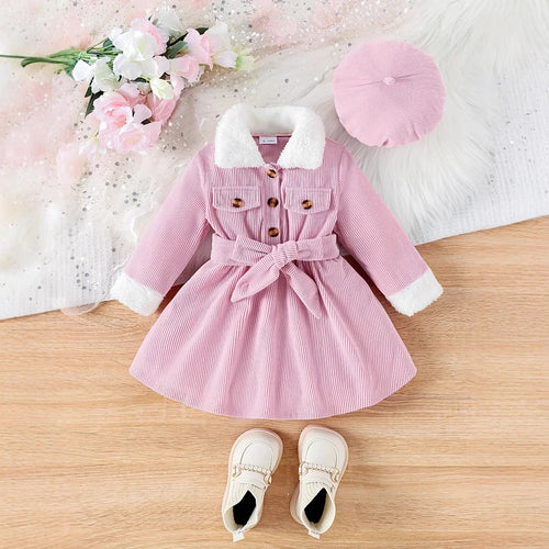 موضة 2025 جديد ربيع وخريف baby بنت hairy neck أكمام طويلة fashion كاجوال فستان hat belt
