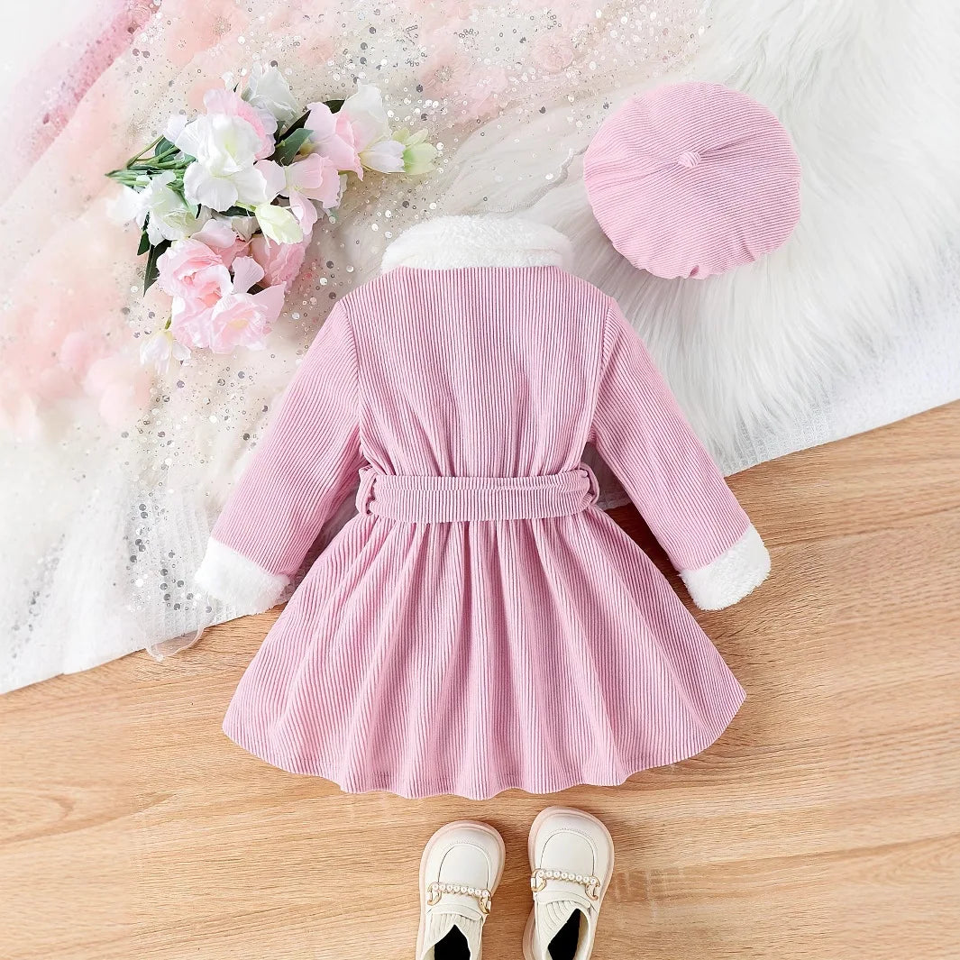 موضة 2025 جديد ربيع وخريف baby بنت hairy neck أكمام طويلة fashion كاجوال فستان hat belt