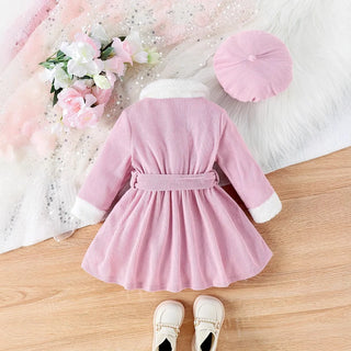 موضة 2025 جديد ربيع وخريف baby بنت hairy neck أكمام طويلة fashion كاجوال فستان hat belt