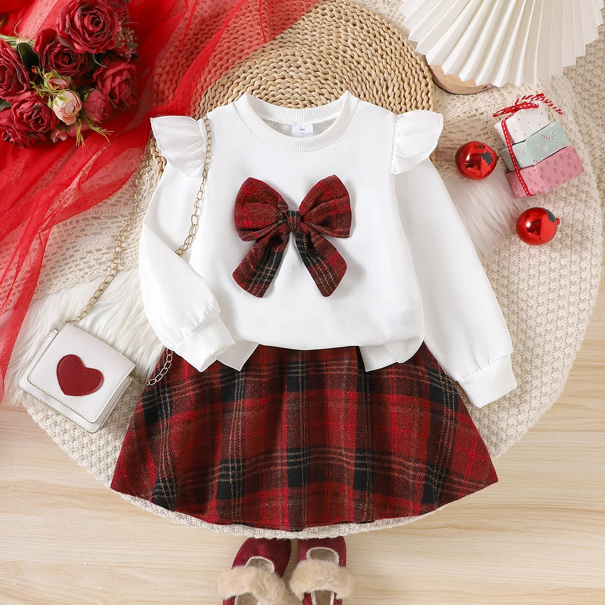 موضة 2025 جديد ربيع وخريف بنات' طقم small and medium sized bow أكمام طويلة checkered قصير جيب طقم قطعتين