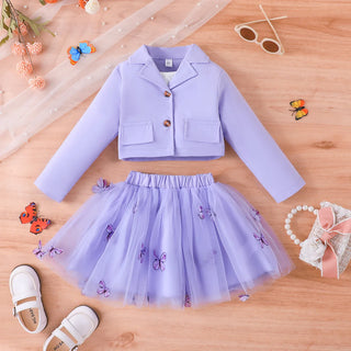 موضة 2025 جديد ربيع وخريف بنات' طقم أكمام طويلة coat tank توب قصير جيب 3-piece طقم