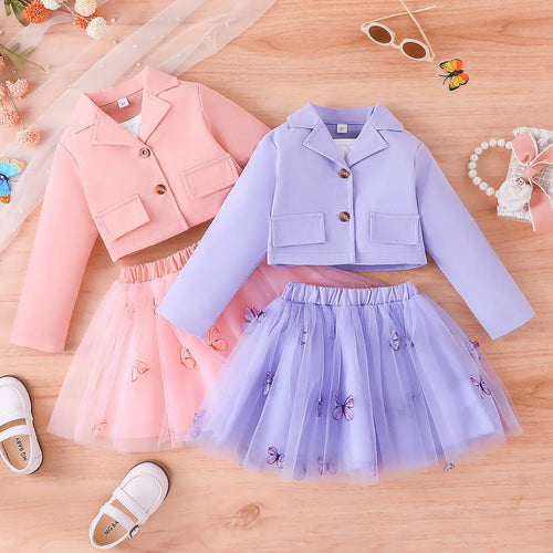 موضة 2025 جديد ربيع وخريف بنات' طقم أكمام طويلة coat tank توب قصير جيب 3-piece طقم